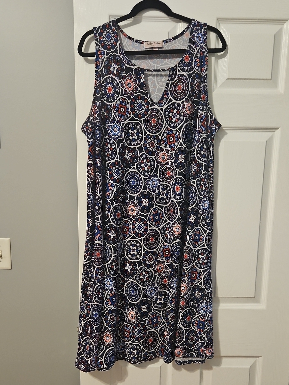 Sleeveless Navy Medallion V-Neck A-Line Dress